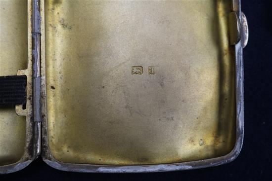 Two silver cigarette cases and a Chinese white metal cigarette case decorated with dragons and prunus, gross weight 8.8 oz.